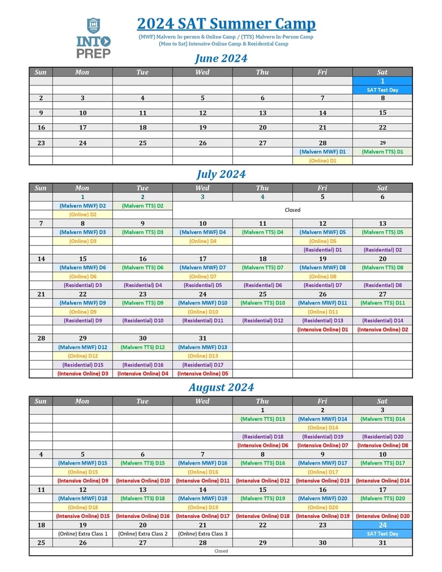 2024 SAT Summer Camp Calendar INTO Prep
